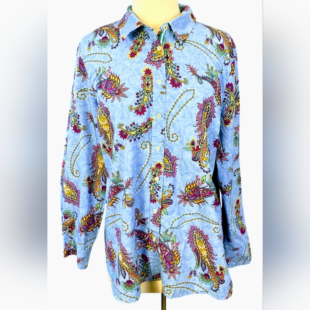 Talbots 100% Cotton Button Down Front Swirly Paisley Long Sleeve Shirt - Size XL - Picture 3 of 10